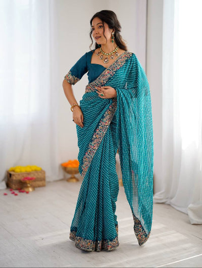 Blue Leheriya Georgette Pre-pleated Saree with Free Stitched Blouse