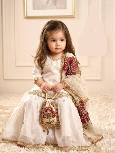Kids White Embroidery Work Floral Sharara Suit