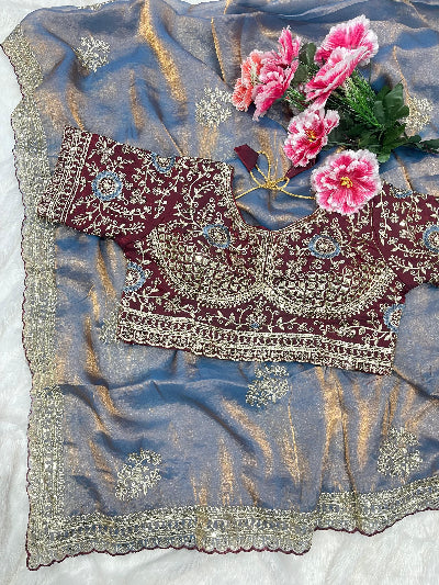 Steel Blue Embroidered Ready to Wear Saree with Maroon Stitched Blouse for Women | Asian Ethnic Wear