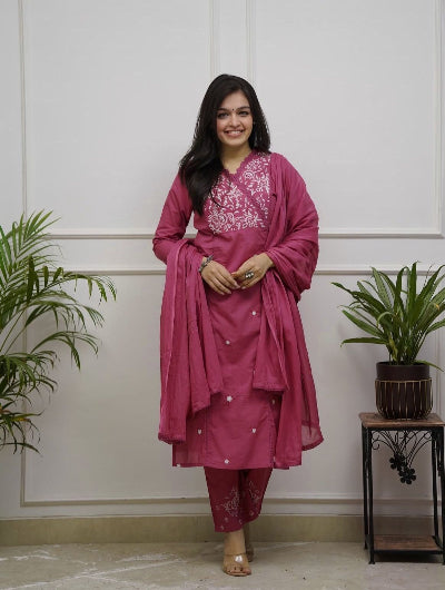 Pink Cotton Floral Embroidery Salwar Suit UK Next Day