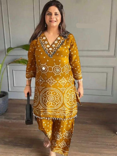 Designer Bandhani Chinon Silk Coord Set with Mirror Work