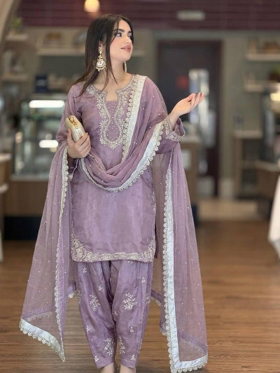 Lavender Glass Silk Embroidered Farshi Suit UK Next Day
