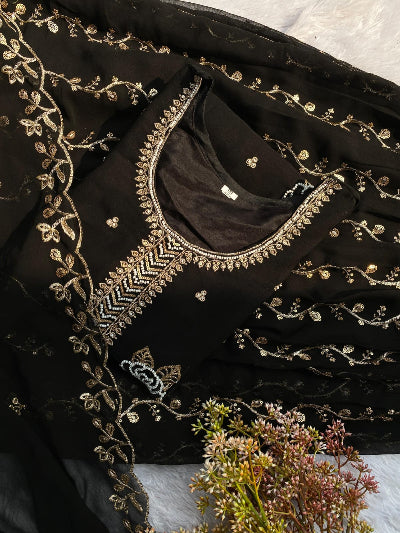 Black Georgette Elegant Embroidered Gharara Suit Set