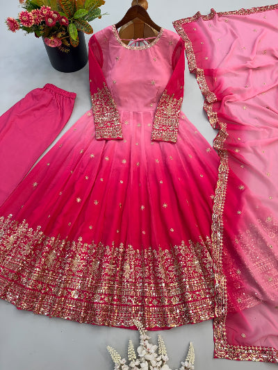 Pink Dual Shade Embroidered Designer Gown Suit Set