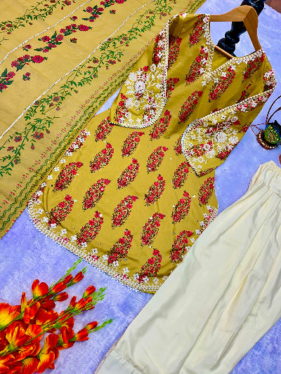 Mustard Yellow Floral Embroidered Farshi Salwar Suit Set for Women