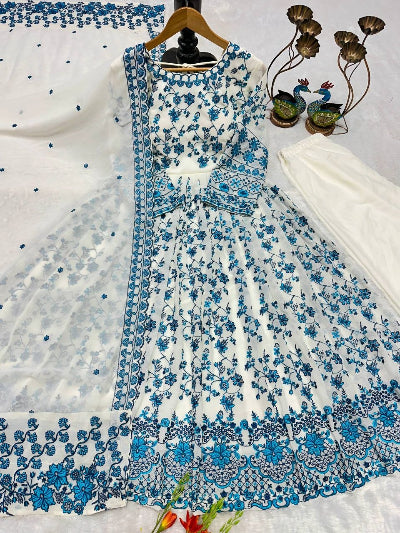 White Blue Georgette Embroidery Anarkali Suit Set