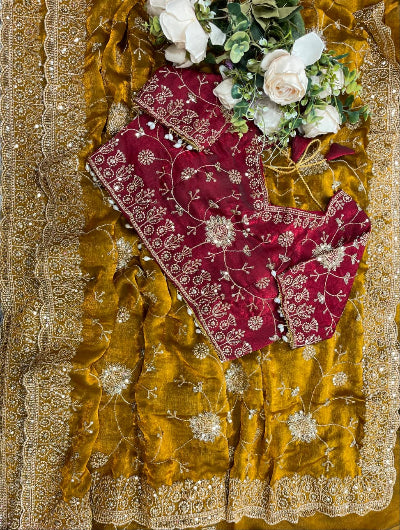 Mustard Pre-Stitched Ready to Wear Saree with Free Red Embroidered Stitched Blouse