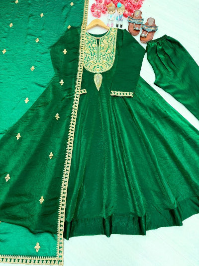 Dark Green Embroidered Modest Silk Anarkali Gown Set