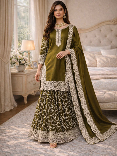 Olive Green Silk Rich Embroidery Work Sharara Suit Set