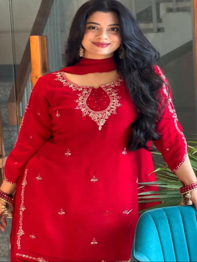 Red Karvachauth Georgette Embroidered Palazzo Suit Set