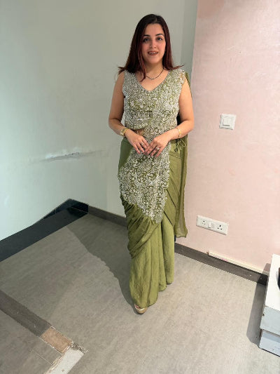 Olive Green Ready to Wear Drape Saree Embroidered Blouse