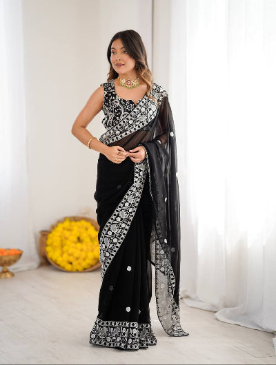 Black Georgette Thread Embroidery Ready to wear Saree with Free Stitched Blouse