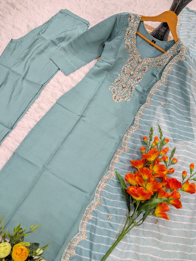 Powder Blue Embroidered Chanderi Suit for Women | Asian Ethnic Wear UK