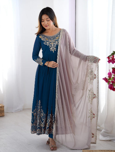 Teal Blue Georgette Intricate Embroidery Anarkali Suit