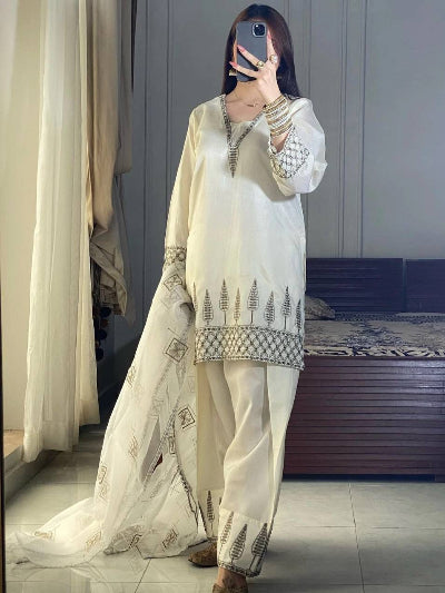 Creamy White Embroidered Farshi Suit with Organza Dupatta