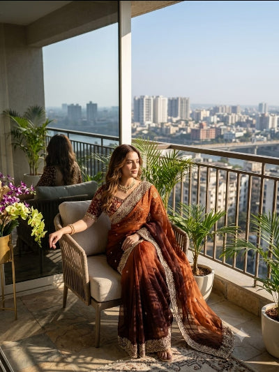 Rust Brown Dual Shaded Pre-pleated Ready to Wear Saree with Embroidered Stitched Blouse