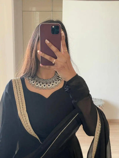 Black Georgette Long Gown with Dupatta Set Of 2 UK Next Day