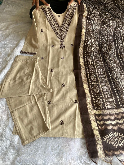 Chikoo Khadi Cotton Embroidered Kurta Set for Women