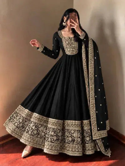 Elegant Black Embroidered Anarkali Gown Suit Set