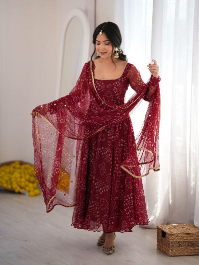 Classic Maroon Georgette Bandhani Anarkali Suit for Women