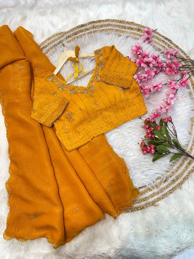 Mustard Yellow Ready to Wear Saree with Handwork Stitched Blouse