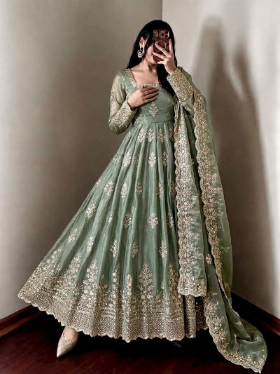 Sage Green Embroidered Silk Anarkali Gown Suit Set