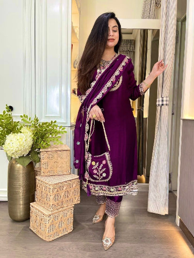 Teal Blue Chinon Silk Embroidery Straight Suit