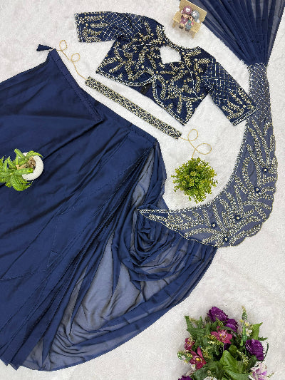 Navy Blue Ready to Wear Drape Saree Embroidered Blouse &amp; Waist Belt