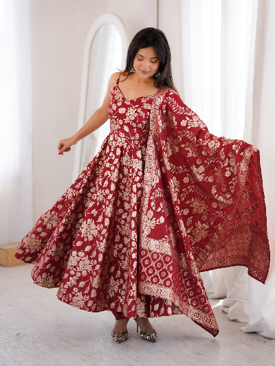 Deep Red Banarasi Gold Jacquard Sleeveless Anarkali Suit Set UK Next Day