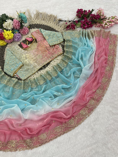 Powder Blue Pink Pre-pleated Ready to Wear Saree with Embroidered Stitched Blouse