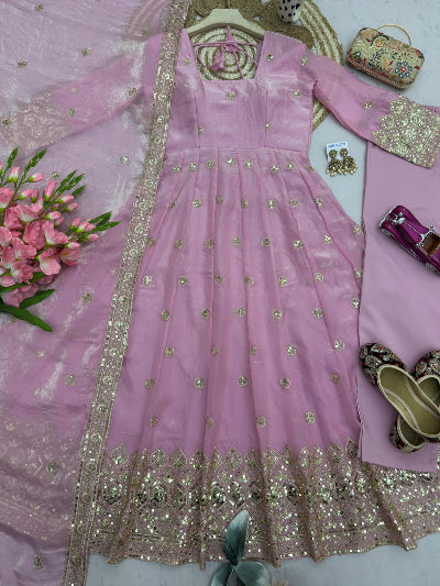 Soft Baby Pink Gold Embroidered Women&