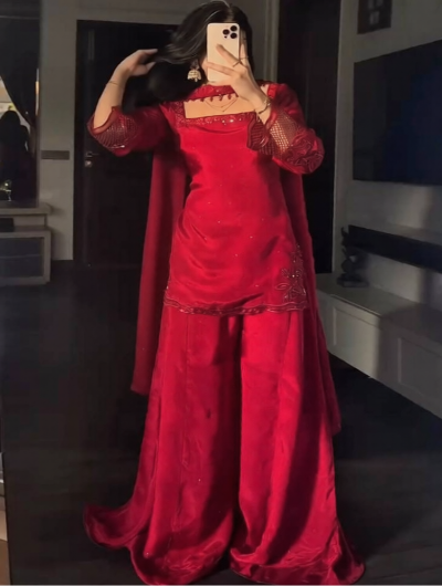 Red Embroidery Beads Work Palazzo Sharara Suit UK Next Day