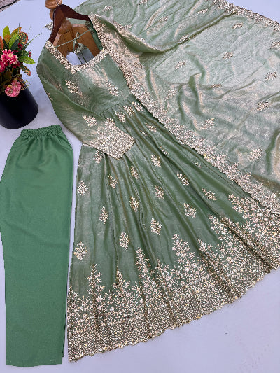 Sage Green Embroidered Silk Anarkali Gown Suit Set