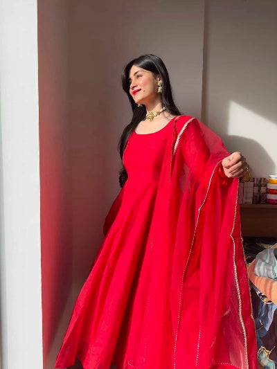 Red Anarkali Suit Set with Lace Dupatta