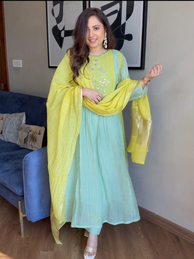 Ice Blue &amp; Lime Yellow Pure Mal Chanderi Anarkali Suit