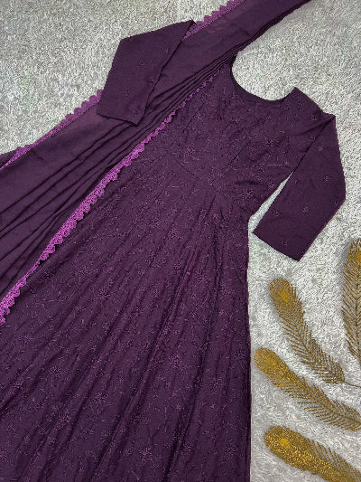 Deep Purple Georgette Embroidered Gown Dupatta Set Of 2
