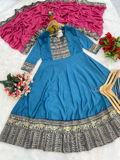 Blue Pink South Fahion Anarkali Dupatta Set Of 2