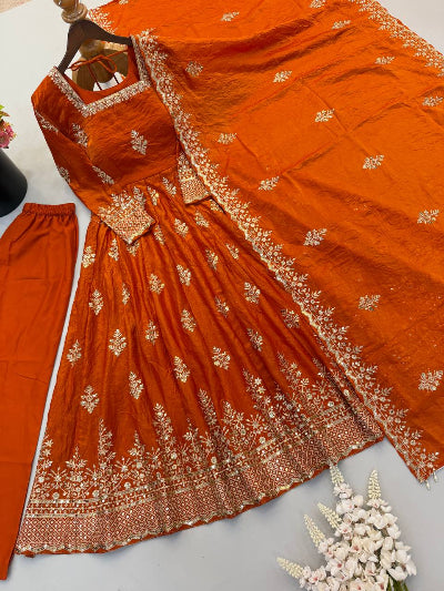 Orange Silk Designer Gown Suit with Embroidered Dupatta