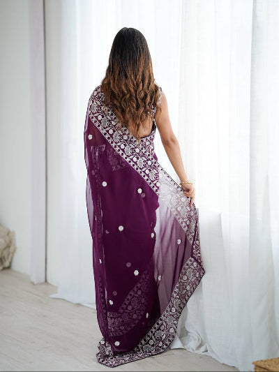 Wine Georgette Thread Embroidery Ready to wear Saree with Free Stitched Blouse