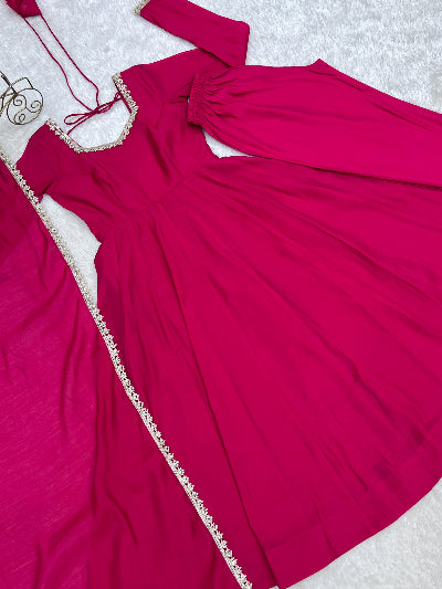 Rani Pink Embroidered Chanderi Anarkali Suit with Mirror Lace