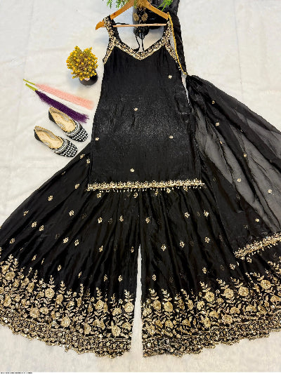 Black Sleeveless Embroidery Zari Work Sharara Suit