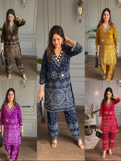Designer Bandhani Chinon Silk Coord Set with Mirror Work