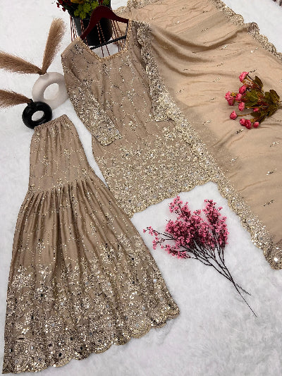 Golden Beige Embroidery Mirror Work Gharara Suit UK Next Day