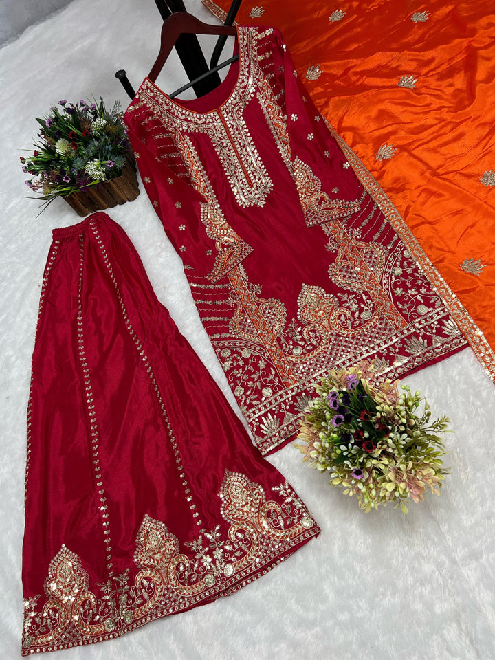 Red &amp; Orange Chinon Silk Embroidered Palazzo Sharara Suit Set