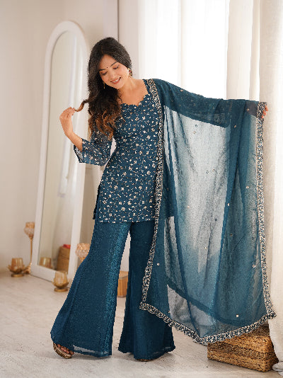 Teal Blue Crunchy Silk Kurta Bell Bottom Pant &amp; Dupatta