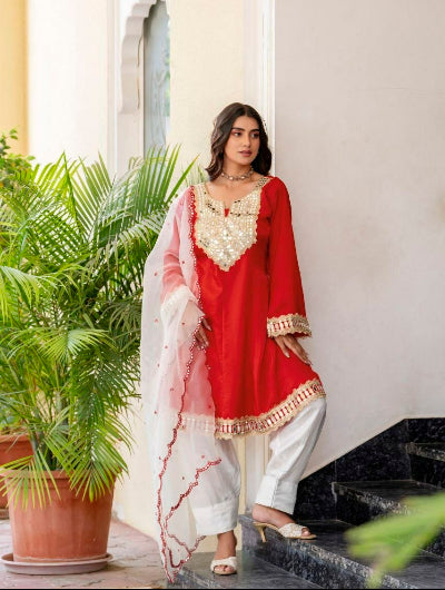 Red Mirror Work Silk Farshi Suit with Organza Dupatta