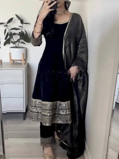 Black Velvet Anarkali Gown With Dupatta and Embroidery Work UK Next Day