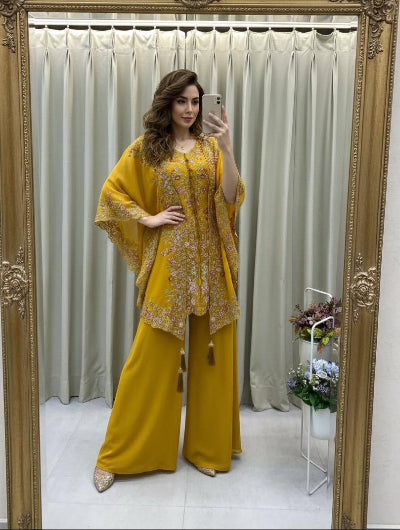 Party Wear Cape Style Suit Set with Sequence Work