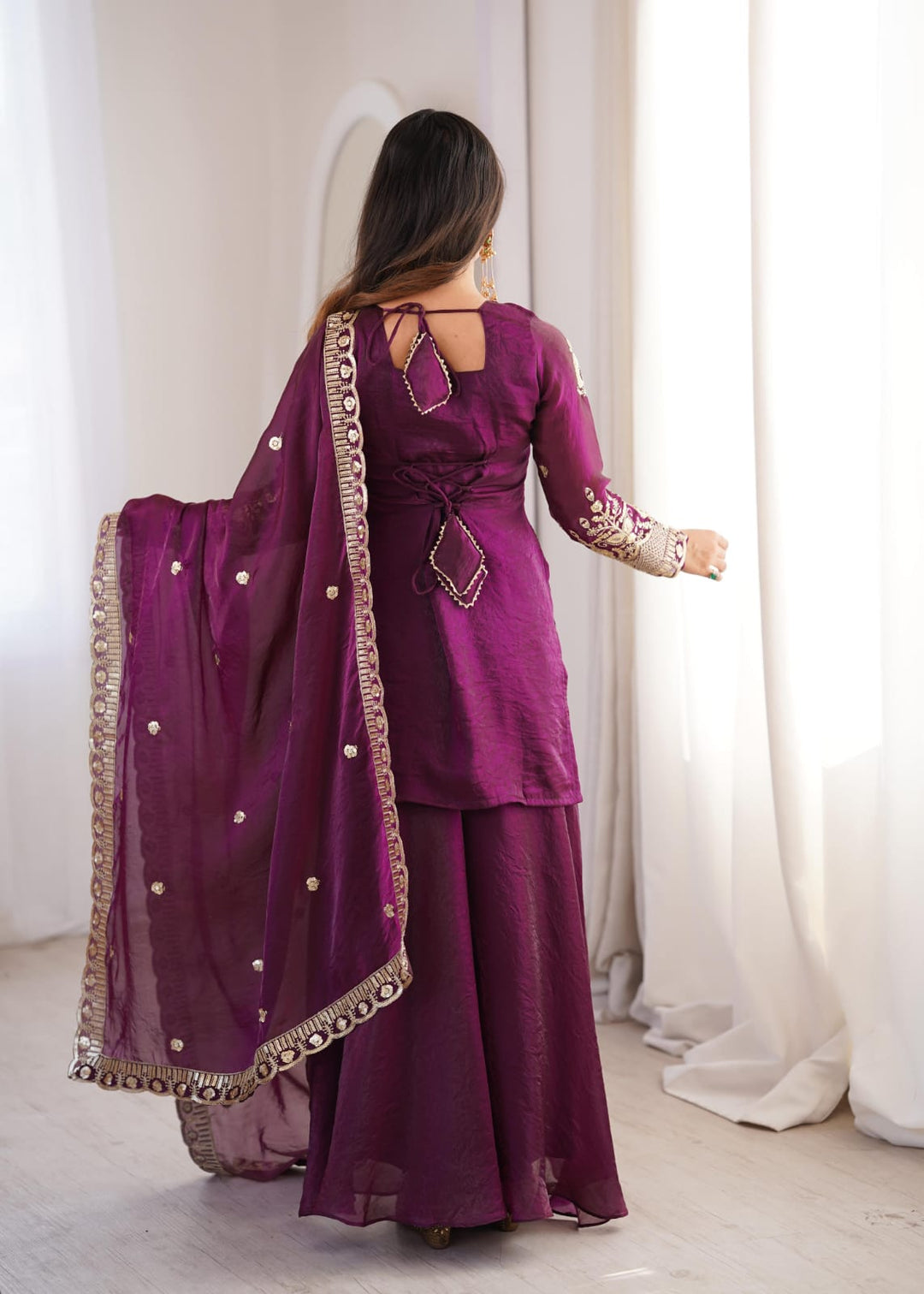Deep Wine Embroidered Sharara Suit UK | Women&