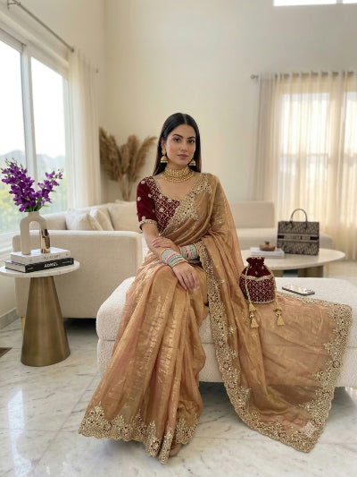 Rose Gold Chiffon Silk Pre-pleated Ready to Wear Saree with Maroon Stitched Blouse
